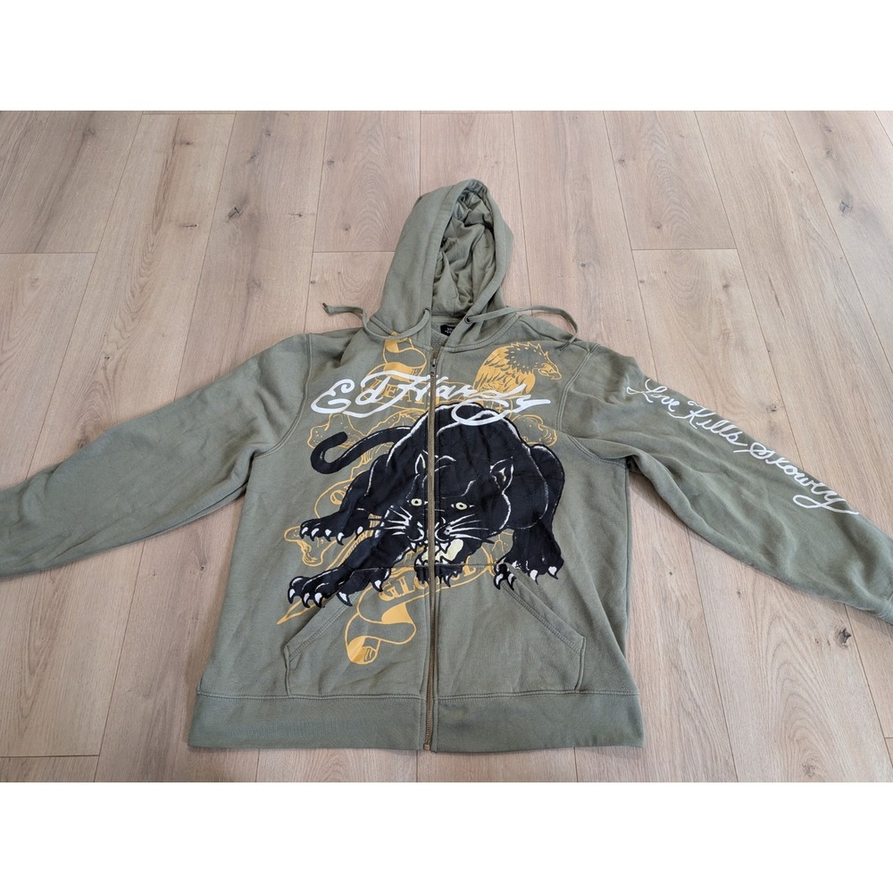 Men's Ed By Ed Hardy Hoodie Crouching Panther Kills Slowly Green Full Zip Sz L